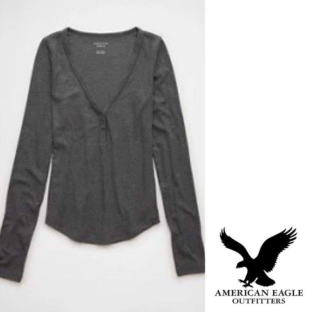 American Eagle Long Sleeve Henley T-Shirt Top Size XL Charcoal Heather Grey NWT